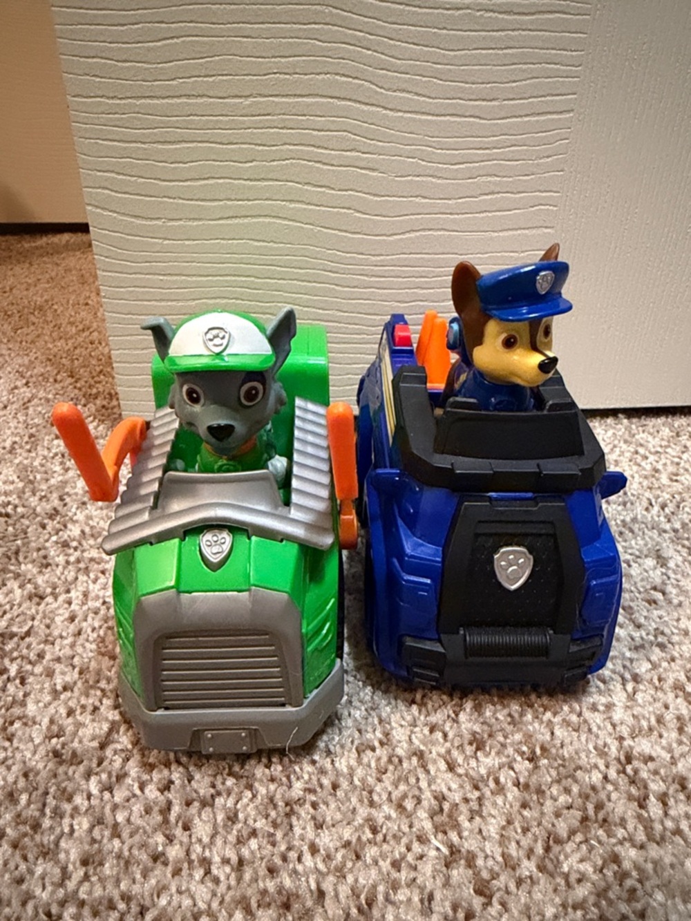 Never used. Paw Patrol Chase and Rocky Rescue Vehicles and figures